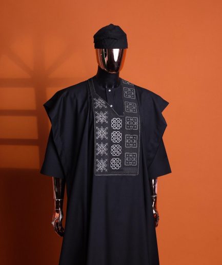 A Charcoal black, “Arewa” interwoven pattern embroidery details Agbada