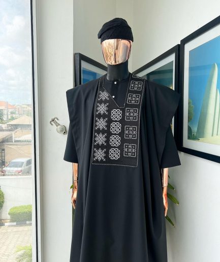 A Charcoal black, “Arewa” interwoven pattern embroidery details Agbada