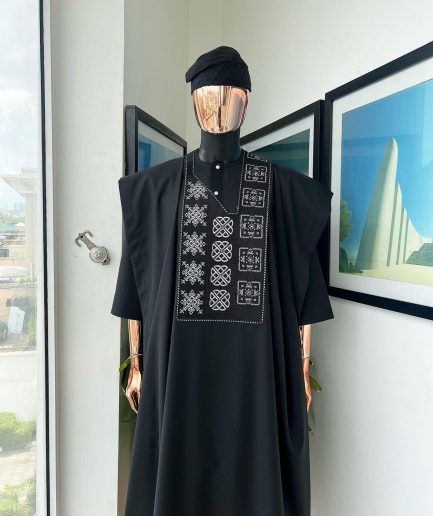 A Charcoal black, “Arewa” interwoven pattern embroidery details Agbada