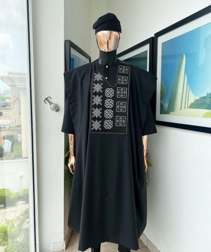 A Charcoal black, “Arewa” interwoven pattern embroidery details Agbada