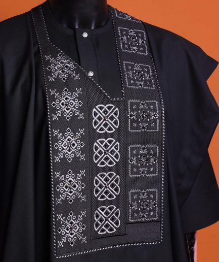 A Charcoal black, “Arewa” interwoven pattern embroidery details Agbada