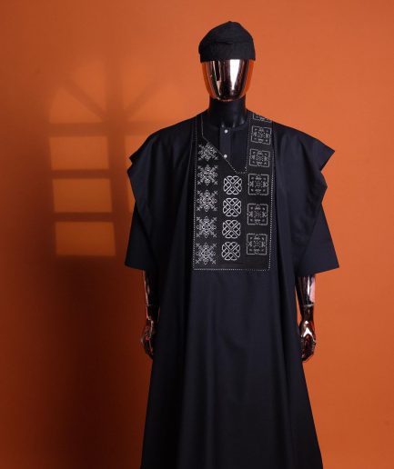 A Charcoal black, “Arewa” interwoven pattern embroidery details Agbada