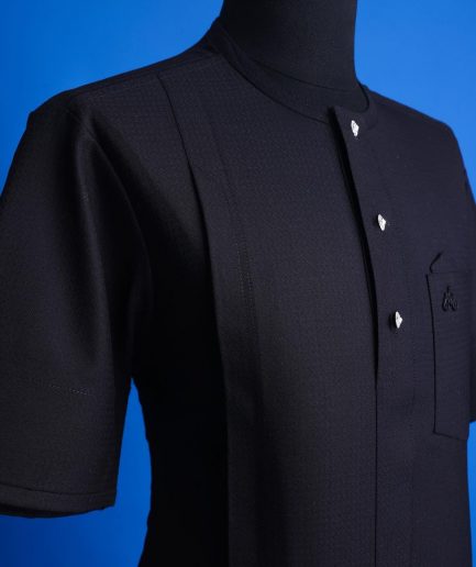 A Jorgecarli, charcoal black, invisible square patterns, front flap with silver Swarovski button African senator kaftan.