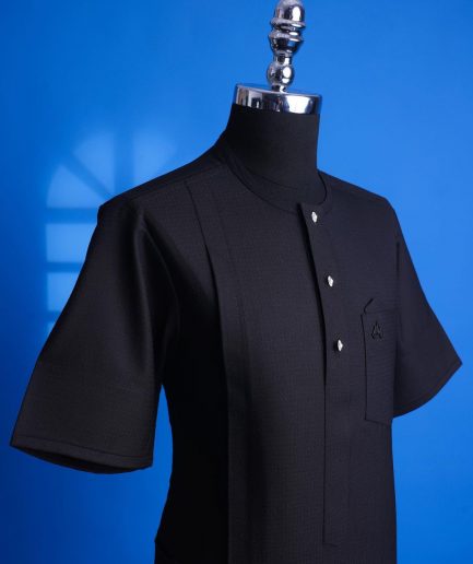 A Jorgecarli, charcoal black, invisible square patterns, front flap with silver Swarovski button African senator kaftan.