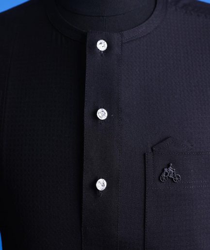 A Jorgecarli, charcoal black, invisible square patterns, front flap with silver Swarovski button African senator kaftan.