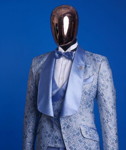 An Azure blue, knitted, star studded metallic jacquard, shawl lapel tuxedo suit.