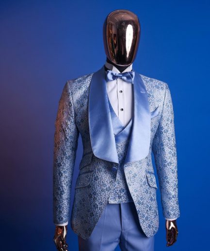 An Azure blue, knitted, star studded metallic jacquard, shawl lapel tuxedo suit.