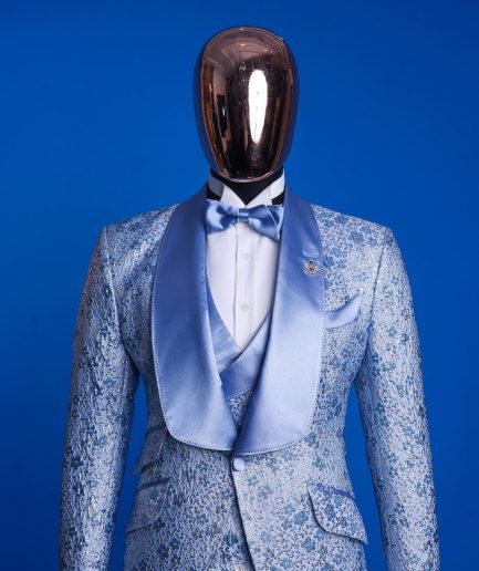 An Azure blue, knitted, star studded metallic jacquard, shawl lapel tuxedo suit.