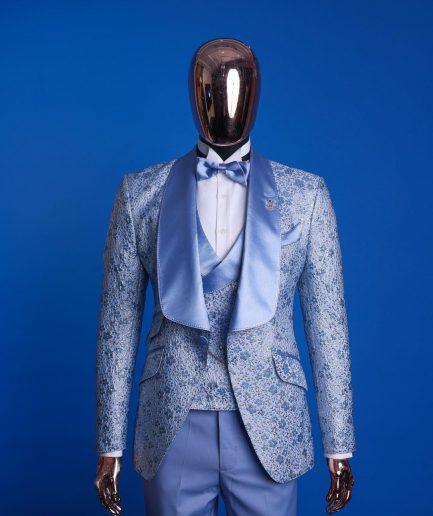 An Azure blue, knitted, star studded metallic jacquard, shawl lapel tuxedo suit.