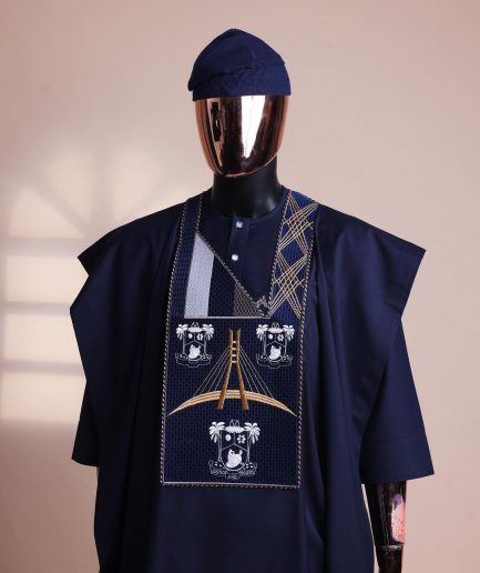 A Navy blue, “Eko Baje Ti - Lagos Will Never Spoil” embroidery details Agbada.
