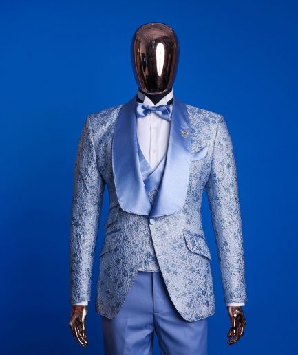 An Azure blue, knitted, star studded metallic jacquard, shawl lapel tuxedo suit.