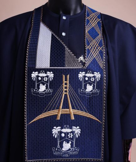 A Navy blue, “Eko Baje Ti - Lagos Will Never Spoil” embroidery details Agbada.