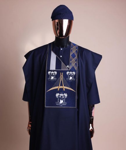 A Navy blue, “Eko Baje Ti - Lagos Will Never Spoil” embroidery details Agbada.