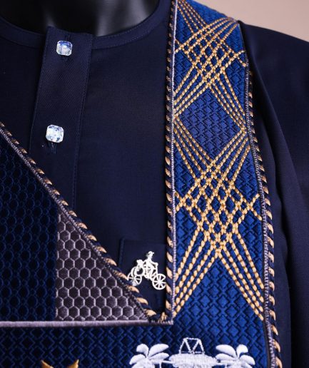 A Navy blue, “Eko Baje Ti - Lagos Will Never Spoil” embroidery details Agbada.