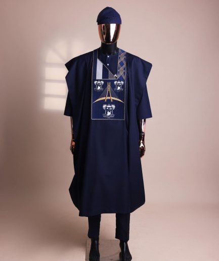 A Navy blue, “Eko Baje Ti - Lagos Will Never Spoil” embroidery details Agbada.