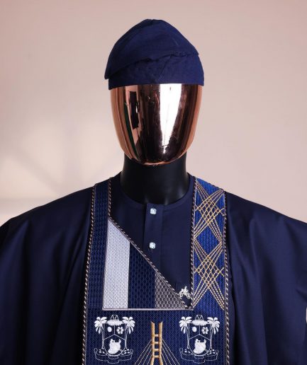 A Navy blue, “Eko Baje Ti - Lagos Will Never Spoil” embroidery details Agbada.