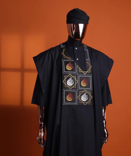 A Charcoal black, “Falling Asteroids in block” with Swarovski details embroidery Agbada.