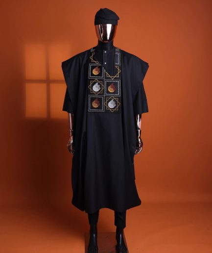 A Charcoal black, “Falling Asteroids in block” with Swarovski details embroidery Agbada.