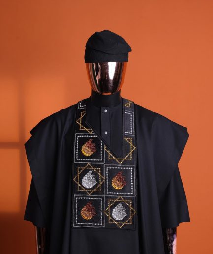 A Charcoal black, “Falling Asteroids in block” with Swarovski details embroidery Agbada.