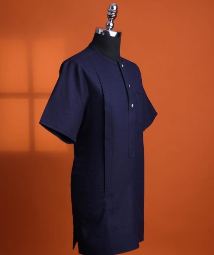 A Jorgecarli wool, midnight blue, invisible windowpane check, front flap with silver Swarovski button, shorts sleeve African senator kaftan native.