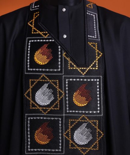 A Charcoal black, “Falling Asteroids in block” with Swarovski details embroidery Agbada.