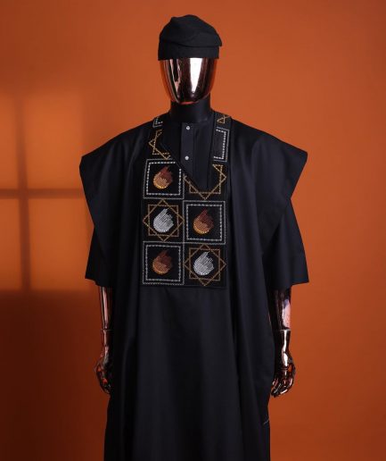 A Charcoal black, “Falling Asteroids in block” with Swarovski details embroidery Agbada.
