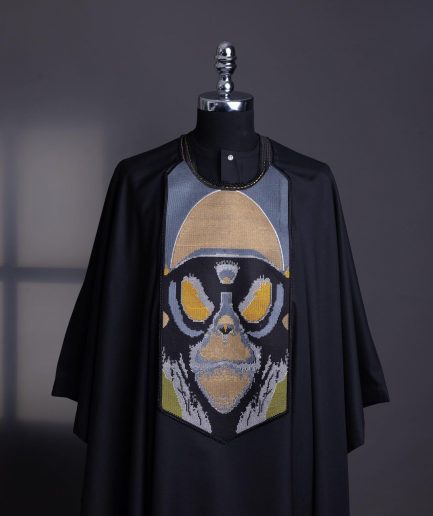 A charcoal black, “Planet Of Apes” embroidery Agbada