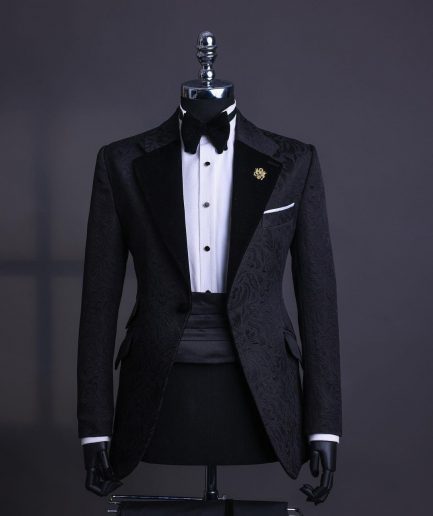 A Charcoal Black, Floral Notch lapel tuxedo suit