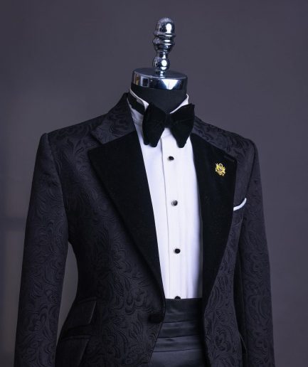 A Charcoal Black, Floral Notch lapel tuxedo suit