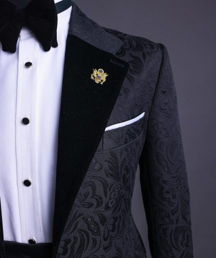 A Charcoal Black, Floral Notch lapel tuxedo suit