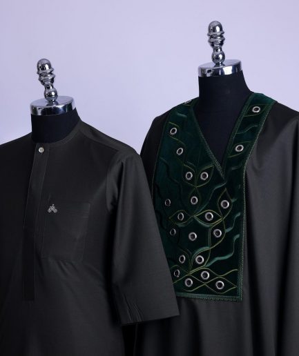 A seaweed green, grommet eyelet on dropping octa embroidery details Agbada