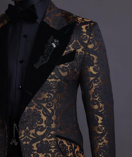 A Gold and black mandarin metallic floral jacquard, peak lapel tuxedo suit.