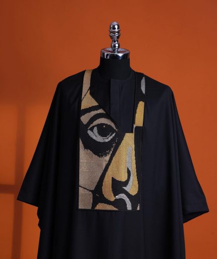 A Charcoal black, “Oju Aye” on canvas gold and black mix embroidery details Agbada