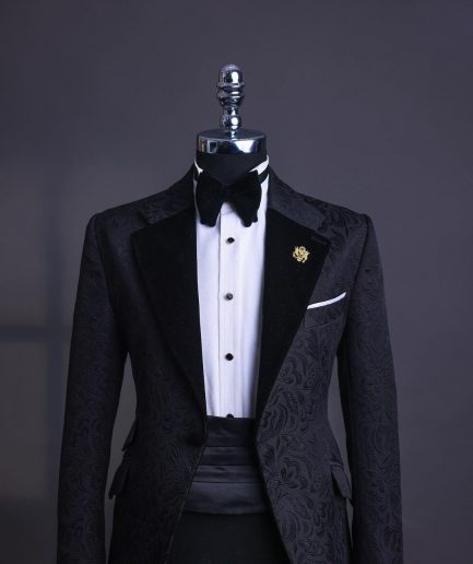 A Charcoal Black, Floral Notch lapel tuxedo suit