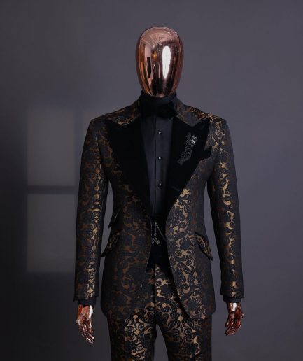 A Gold and black mandarin metallic floral jacquard, peak lapel tuxedo suit.