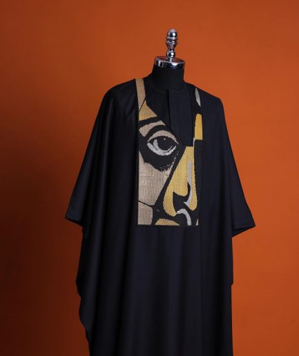 A Charcoal black, “Oju Aye” on canvas gold and black mix embroidery details Agbada