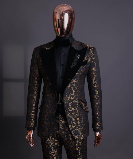 A Gold and black mandarin metallic floral jacquard, peak lapel tuxedo suit.