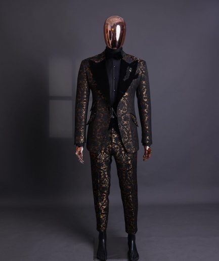 A Gold and black mandarin metallic floral jacquard, peak lapel tuxedo suit.