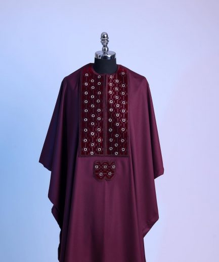A burgundy, grommet eyelet on dropping octa embroidery details Agbada