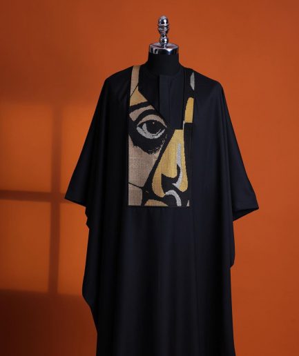 A Charcoal black, “Oju Aye” on canvas gold and black mix embroidery details Agbada