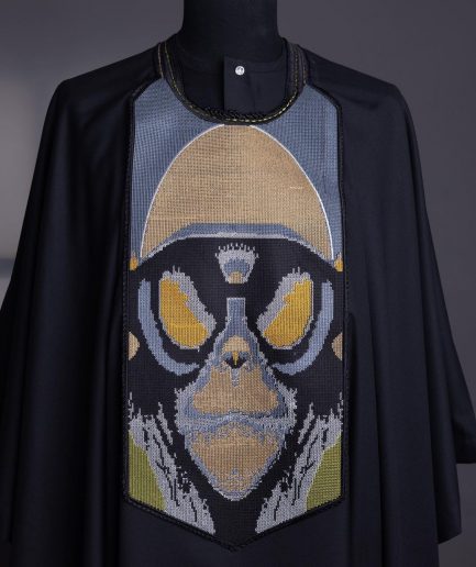 A charcoal black, “Planet Of Apes” embroidery Agbada
