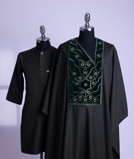 A seaweed green, grommet eyelet on dropping octa embroidery details Agbada