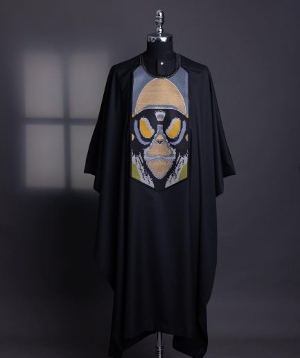 A charcoal black, “Planet Of Apes” embroidery Agbada