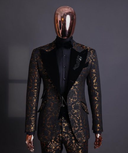 A Gold and black mandarin metallic floral jacquard, peak lapel tuxedo suit.