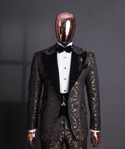 A Gold and black mandarin metallic floral jacquard, peak lapel tuxedo suit