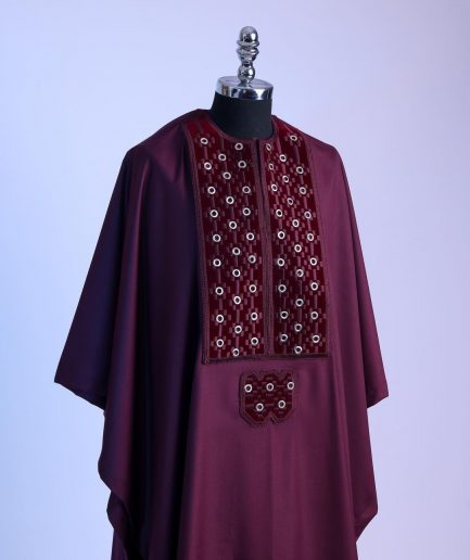 A burgundy, grommet eyelet on dropping octa embroidery details Agbada