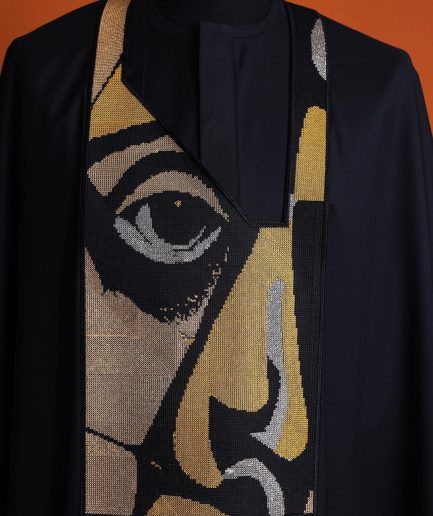 A Charcoal black, “Oju Aye” on canvas gold and black mix embroidery details Agbada