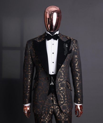 A Gold and black mandarin metallic floral jacquard, peak lapel tuxedo suit