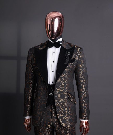 A Gold and black mandarin metallic floral jacquard, peak lapel tuxedo suit
