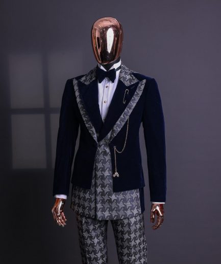 A Navy & light Carolina blue “octopussy” dogtooth Checkered jacquard, peak lapel 4 lapel layered tuxedo suit.
